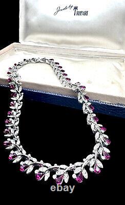 1950s CROWN TRIFARI Philippe Fuschia & Clear Pavé Rhinestone Floral Necklace