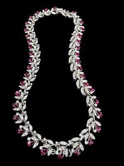 1950s CROWN TRIFARI Philippe Fuschia & Clear Pavé Rhinestone Floral Necklace