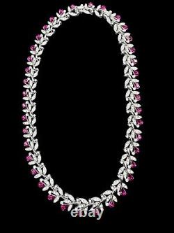 1950s CROWN TRIFARI Philippe Fuschia & Clear Pavé Rhinestone Floral Necklace