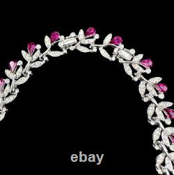 1950s CROWN TRIFARI Philippe Fuschia & Clear Pavé Rhinestone Floral Necklace