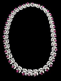 1950s CROWN TRIFARI Philippe Fuschia & Clear Pavé Rhinestone Floral Necklace