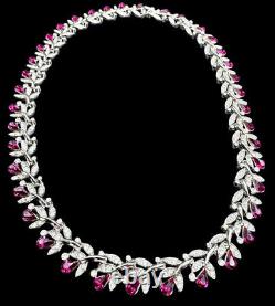 1950s CROWN TRIFARI Philippe Fuschia & Clear Pavé Rhinestone Floral Necklace