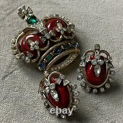 1953 TRIFARI Alfred Philippe Coronation Gems Red Royal Crown Brooch + Earrings