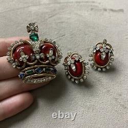 1953 TRIFARI Alfred Philippe Coronation Gems Red Royal Crown Brooch + Earrings