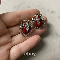 1953 TRIFARI Alfred Philippe Coronation Gems Red Royal Crown Brooch + Earrings