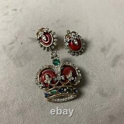 1953 TRIFARI Alfred Philippe Coronation Gems Red Royal Crown Brooch + Earrings