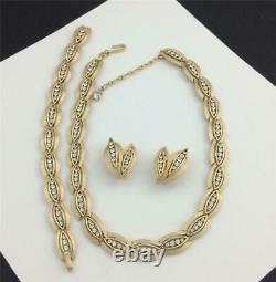 1960'S ALFRED PHILIPPE GOLD T. CRYSTAL RHINEST. Necklace, Bracelet, Earrings SET