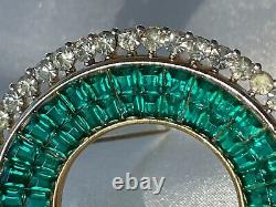 1960s ALFRED PHILIPPE TRIFARI ART BROOCH 1.8EMERALD GREEN RHINESTONES GOLD TONE