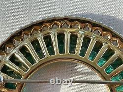 1960s ALFRED PHILIPPE TRIFARI ART BROOCH 1.8EMERALD GREEN RHINESTONES GOLD TONE