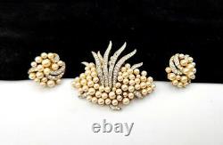 1960s TRIFARI Faux Pearl & Rhinestone Under the Sea Brooch & Earrings Set