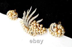 1960s TRIFARI Faux Pearl & Rhinestone Under the Sea Brooch & Earrings Set