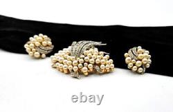 1960s TRIFARI Faux Pearl & Rhinestone Under the Sea Brooch & Earrings Set