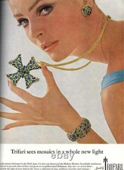 1966 Crown Trifari Modern Mosaic Earrings Clip On Faux Topaz Alfred Philippe