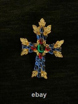1996 Trifari Tm Limited Ed. Gold Plated Multicolor Cabochon Cross Brooch Pendant
