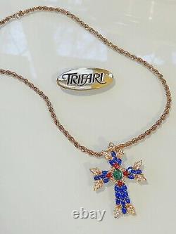 1996 Trifari Tm Limited Ed. Gold Plated Multicolor Cabochon Cross Brooch Pendant