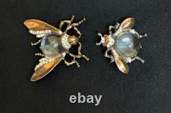2 1940s Signed Sterling CROWN TRIFARI FLIES Jelly Belly Pins by Alfred Philippe
