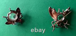 2 1940s Signed Sterling CROWN TRIFARI FLIES Jelly Belly Pins by Alfred Philippe