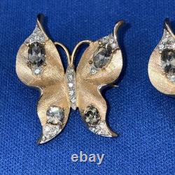 2 Vintage Gold Tone Crown Trifari Alfred Philippe Butterfly Rhinestone Brooches