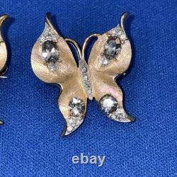2 Vintage Gold Tone Crown Trifari Alfred Philippe Butterfly Rhinestone Brooches