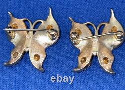 2 Vintage Gold Tone Crown Trifari Alfred Philippe Butterfly Rhinestone Brooches
