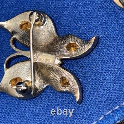 2 Vintage Gold Tone Crown Trifari Alfred Philippe Butterfly Rhinestone Brooches