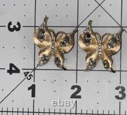 2 Vintage Gold Tone Crown Trifari Alfred Philippe Butterfly Rhinestone Brooches