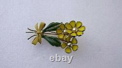 40's Alfred Philippe Trifari 3 Flower Fur Clip Yellow Poured Glass Enamel Leaves