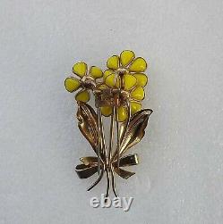 40's Alfred Philippe Trifari 3 Flower Fur Clip Yellow Poured Glass Enamel Leaves