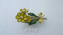 40's Alfred Philippe Trifari 3 Flower Fur Clip Yellow Poured Glass Enamel Leaves