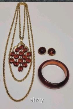 ALFRED PHILIPPE CROWN TRIFARI ROOT BEER 3 STRAND WATERFALL NECKLACE Set WithExtras