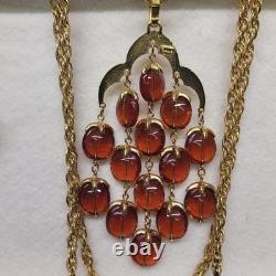 ALFRED PHILIPPE CROWN TRIFARI ROOT BEER 3 STRAND WATERFALL NECKLACE Set WithExtras