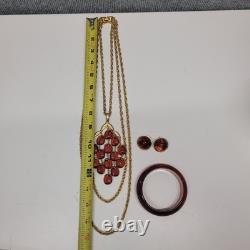 ALFRED PHILIPPE CROWN TRIFARI ROOT BEER 3 STRAND WATERFALL NECKLACE Set WithExtras