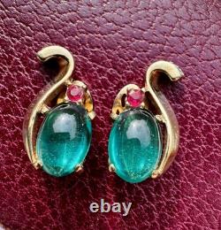 Alfred Philipe Crown Trifari Jelly Belly Cabochon Earrings Pink Green Gold Tone Alfred Philipe Crown Trifari Jelly Belly Cabochon Earrings Pink Green Gold Tone