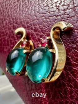 Alfred Philipe Crown Trifari Jelly Belly Cabochon Earrings Pink Green Gold Tone Alfred Philipe Crown Trifari Jelly Belly Cabochon Earrings Pink Green Gold Tone
