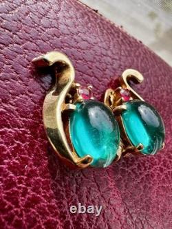Alfred Philipe Crown Trifari Jelly Belly Cabochon Earrings Pink Green Gold Tone Alfred Philipe Crown Trifari Jelly Belly Cabochon Earrings Pink Green Gold Tone