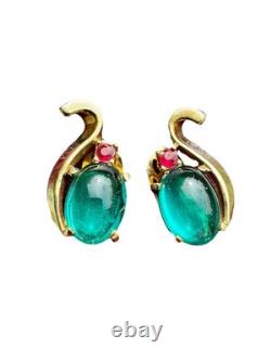 Alfred Philipe Crown Trifari Jelly Belly Cabochon Earrings Pink Green Gold Tone Alfred Philipe Crown Trifari Jelly Belly Cabochon Earrings Pink Green Gold Tone