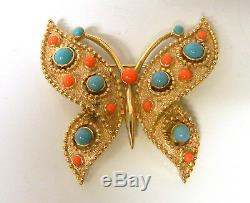 Alfred Philippe Crown Trifari Cabochon Faux Coral Turquoise Butterfly Brooch Pin