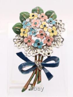 Alfred Philippe Crown Trifari Enamel Rhinestone Fur Clip Flower Bouquet FREE Sh