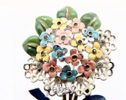 Alfred Philippe Crown Trifari Enamel Rhinestone Fur Clip Flower Bouquet FREE Sh