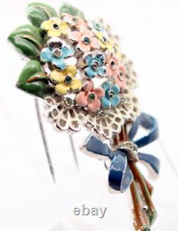 Alfred Philippe Crown Trifari Enamel Rhinestone Fur Clip Flower Bouquet FREE Sh