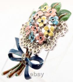 Alfred Philippe Crown Trifari Enamel Rhinestone Fur Clip Flower Bouquet FREE Sh