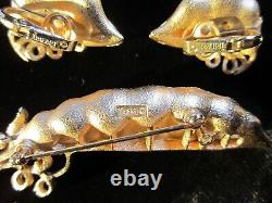 Alfred Philippe Crown Trifari Green Enamel Pearl Peas In A Pod Brooch & Earrings