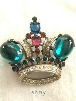 Alfred Philippe Crown Trifari Large Green CabochonJeweled Figural Crown Brooch
