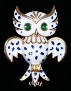 Alfred Philippe Crown Trifari OWL Brooch Enamel Green Glass Cabochon Eyes Signed