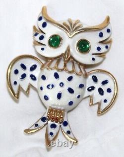 Alfred Philippe Crown Trifari OWL Brooch Enamel Green Glass Cabochon Eyes Signed