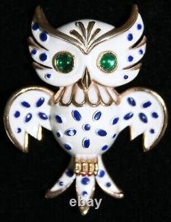 Alfred Philippe Crown Trifari OWL Brooch Enamel Green Glass Cabochon Eyes Signed