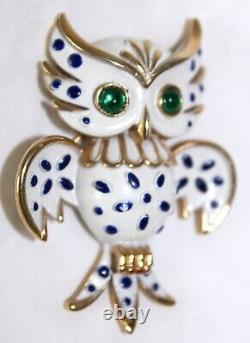 Alfred Philippe Crown Trifari OWL Brooch Enamel Green Glass Cabochon Eyes Signed