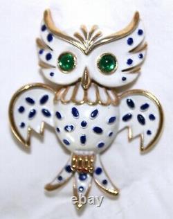 Alfred Philippe Crown Trifari OWL Brooch Enamel Green Glass Cabochon Eyes Signed