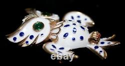 Alfred Philippe Crown Trifari OWL Brooch Enamel Green Glass Cabochon Eyes Signed