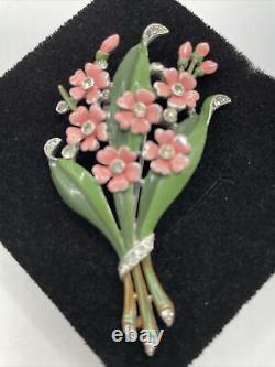 Alfred Philippe Crown Trifari Pat#121253 Pink Enamel Flowers Rhinestones Fur Pin